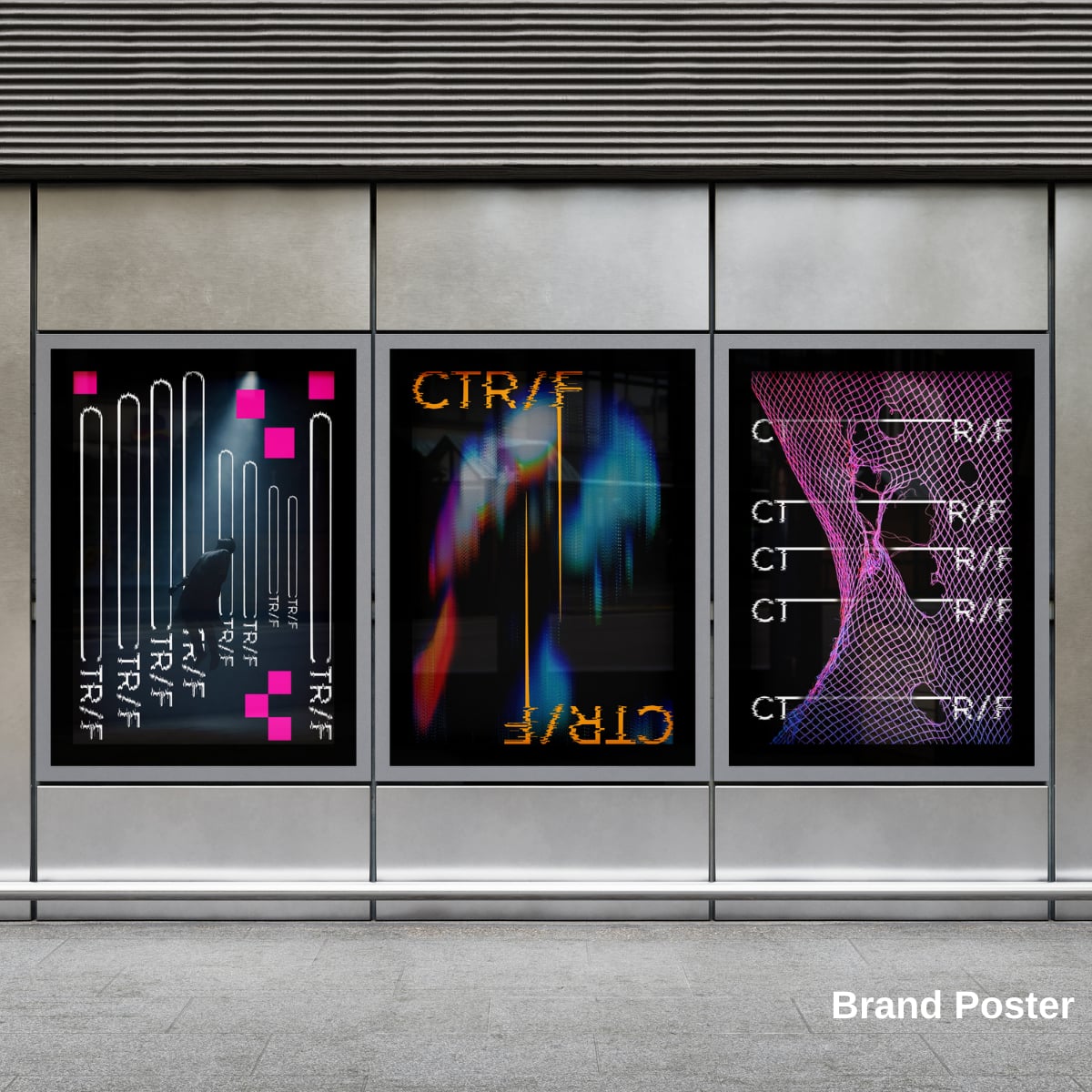 Three CTRL/FADE posters in a storefront window