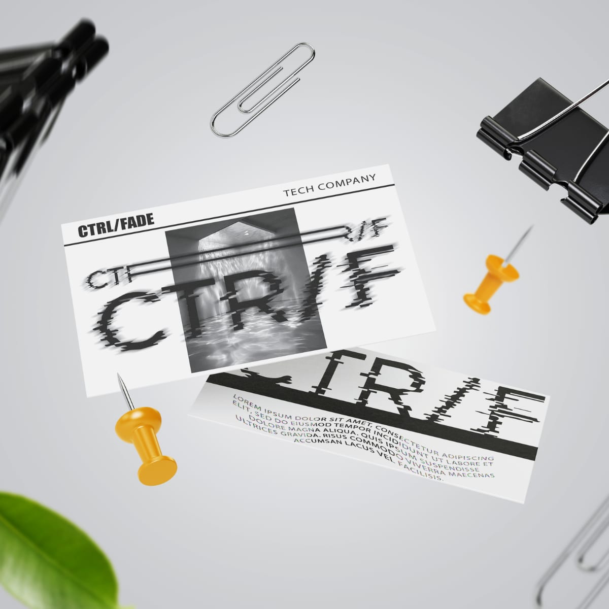 CTRL/FADE stationery cards with a glitched wordmark and a photograph