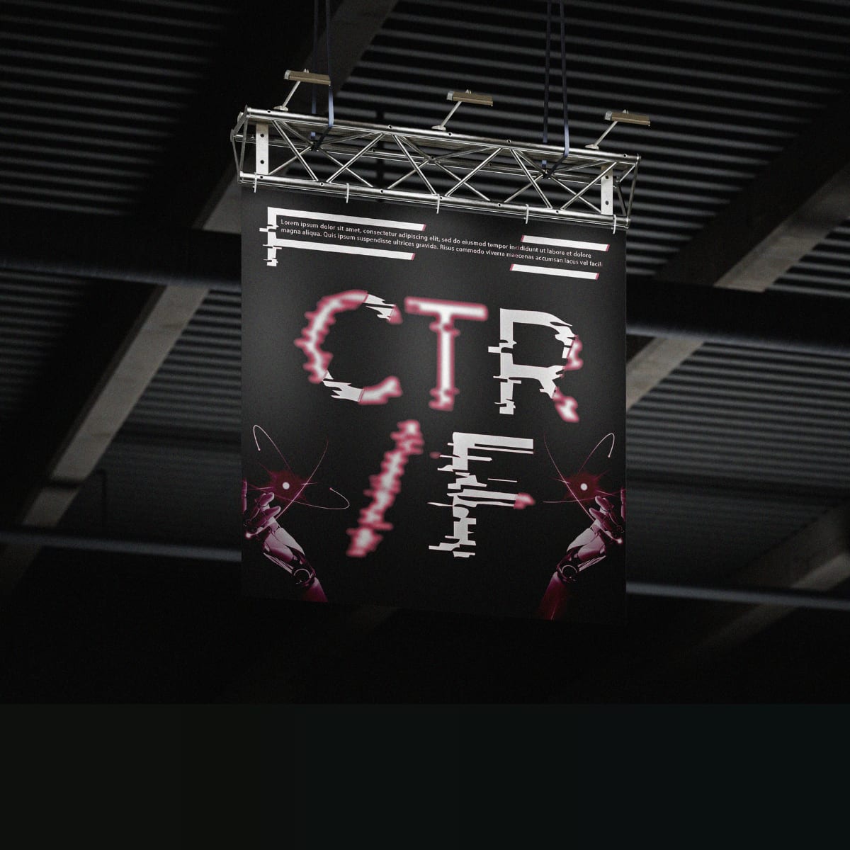 Hanging CTRL/FADE banner with a pink glitched wordmark