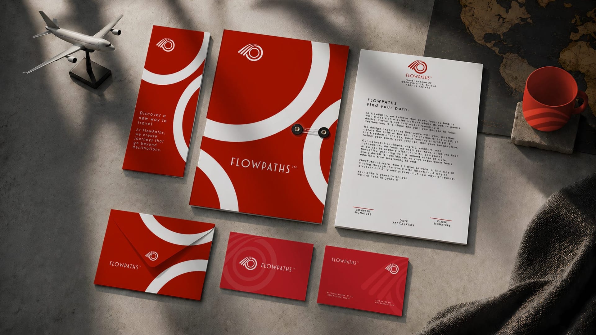 Flowpaths stationery set with folder, letter, cards, and an envelope