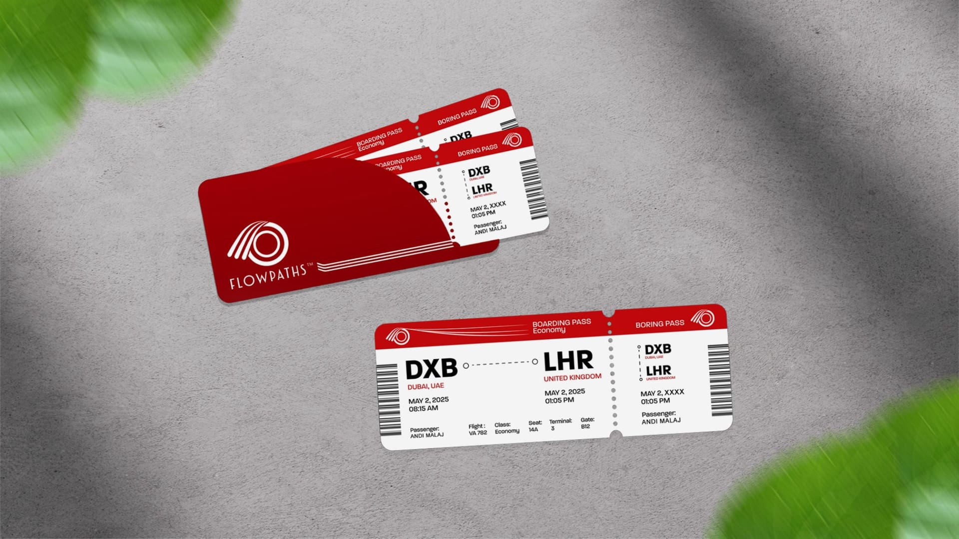 Flowpaths boarding passes for a flight from Dubai to London