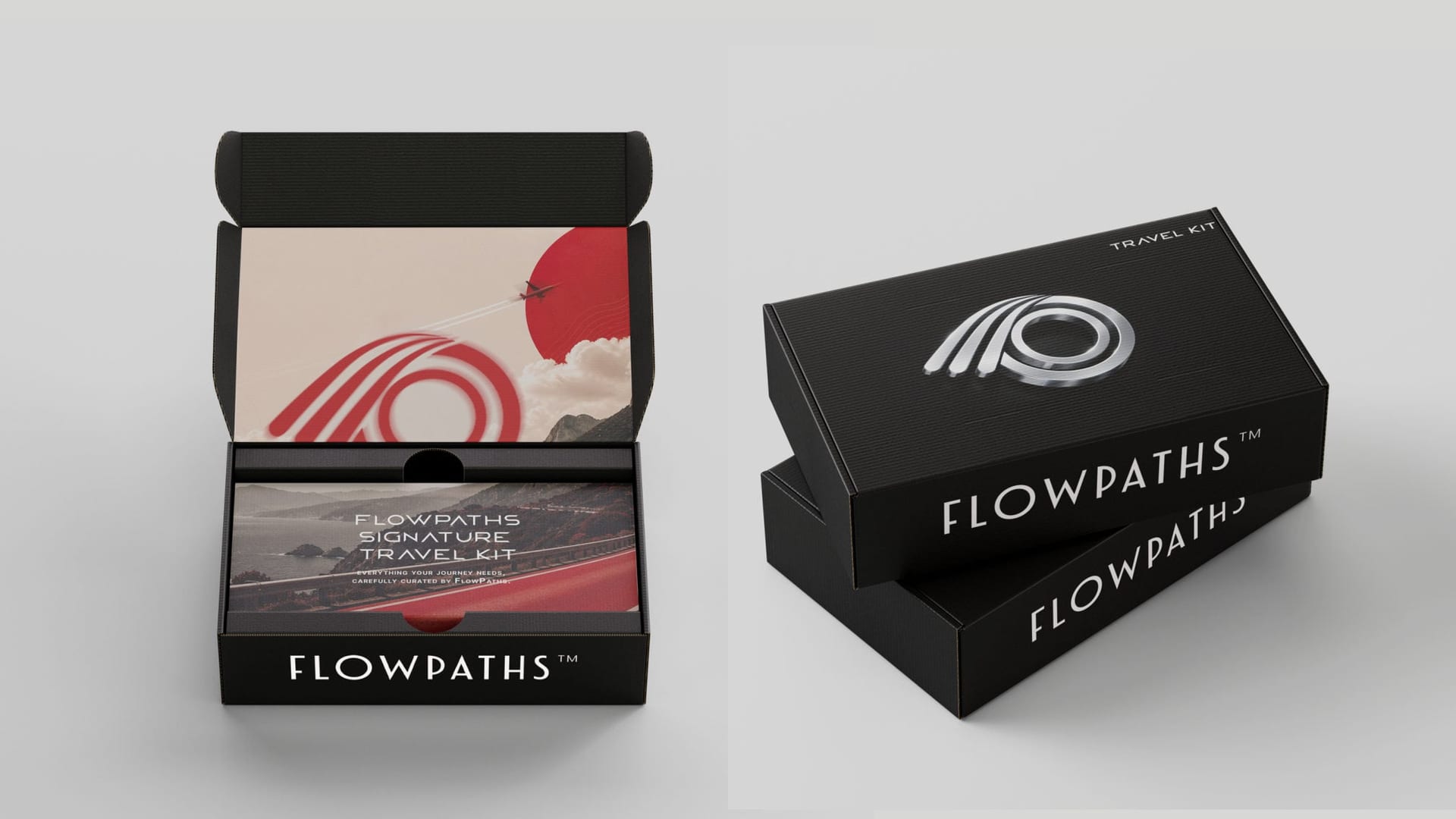 Black Flowpaths travel kit boxes, one open