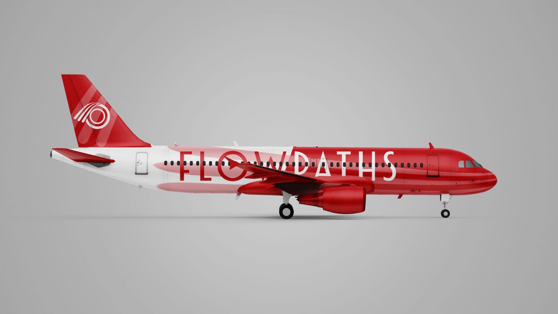 Red and white aircraft in Flowpaths livery
