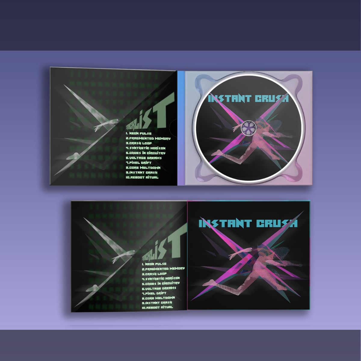 Instant Crush digipak and jewel case on a purple background