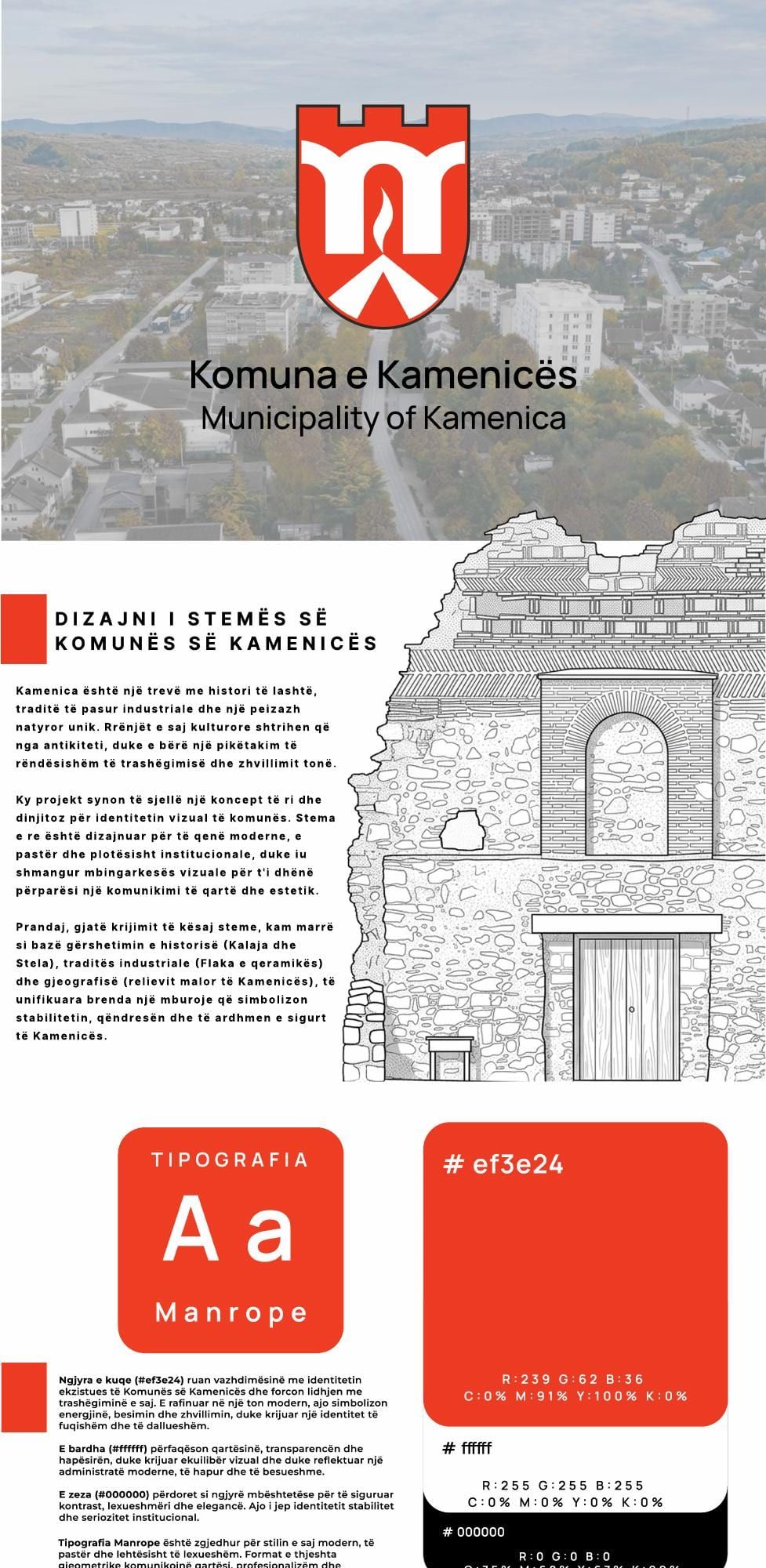 Municipality of Kamenica shield logo above an aerial view of the town
