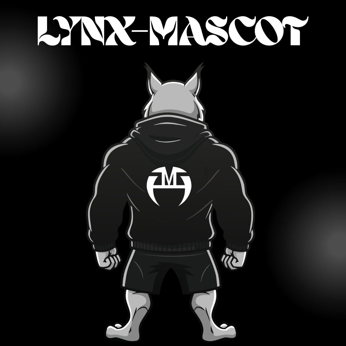 Back view of the lynx mascot in a black hoodie and shorts