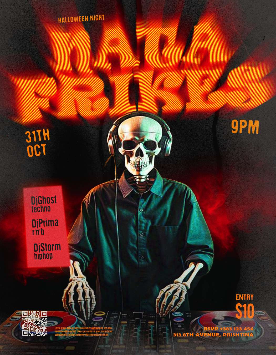Flat Nata Frikes poster with a skeleton DJ and the night’s lineup