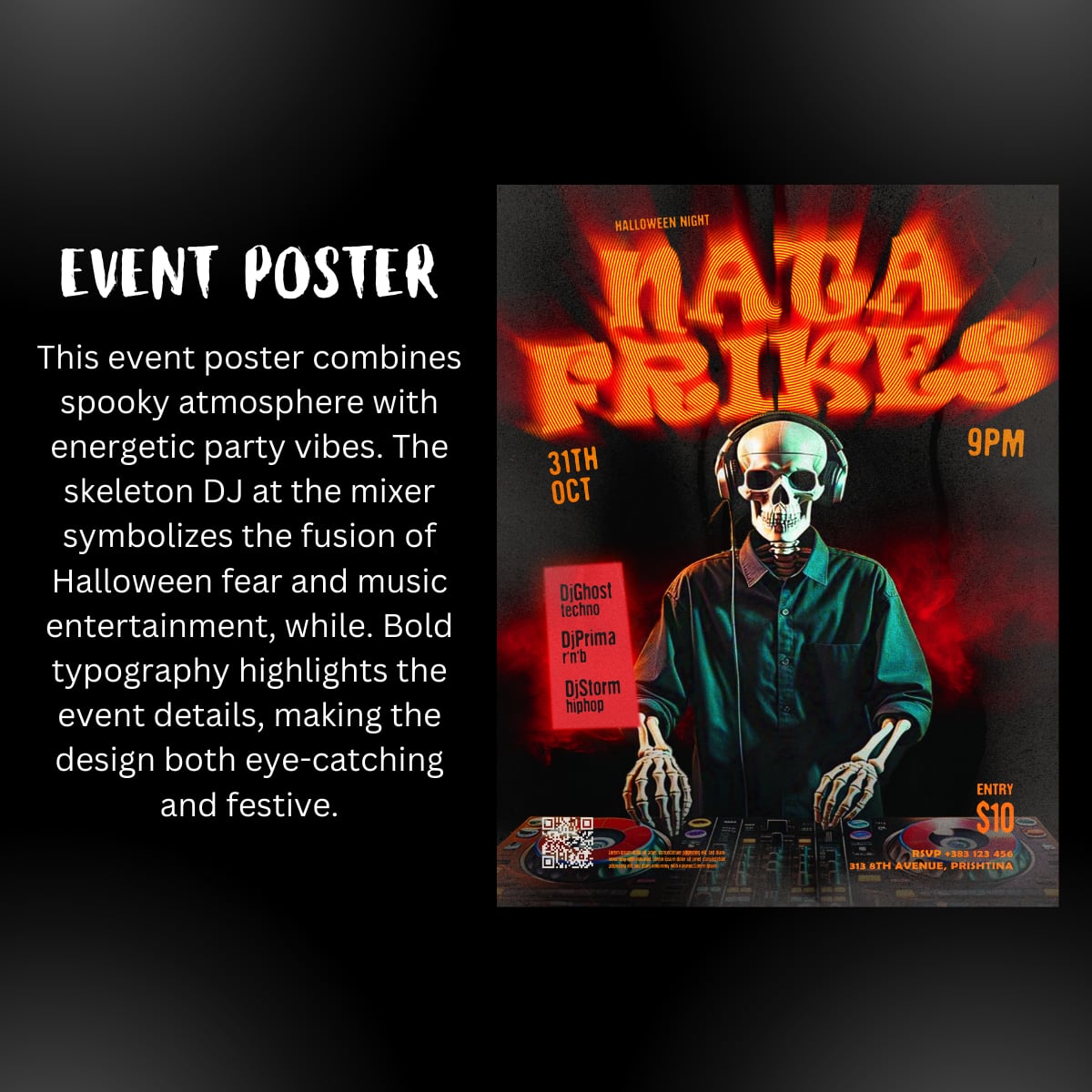 Nata Frikes event poster beside a note on the Halloween design