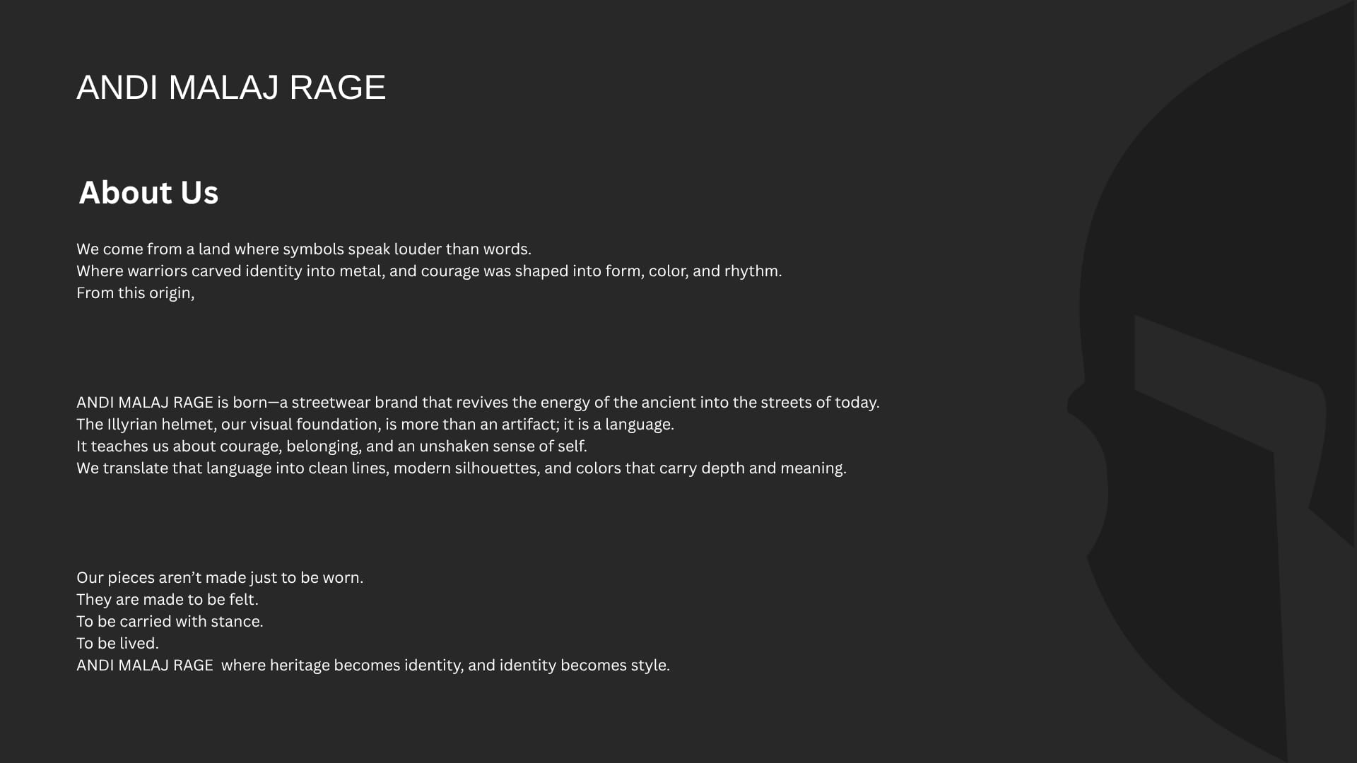 About Us page from the Andi Malaj Rage brandbook