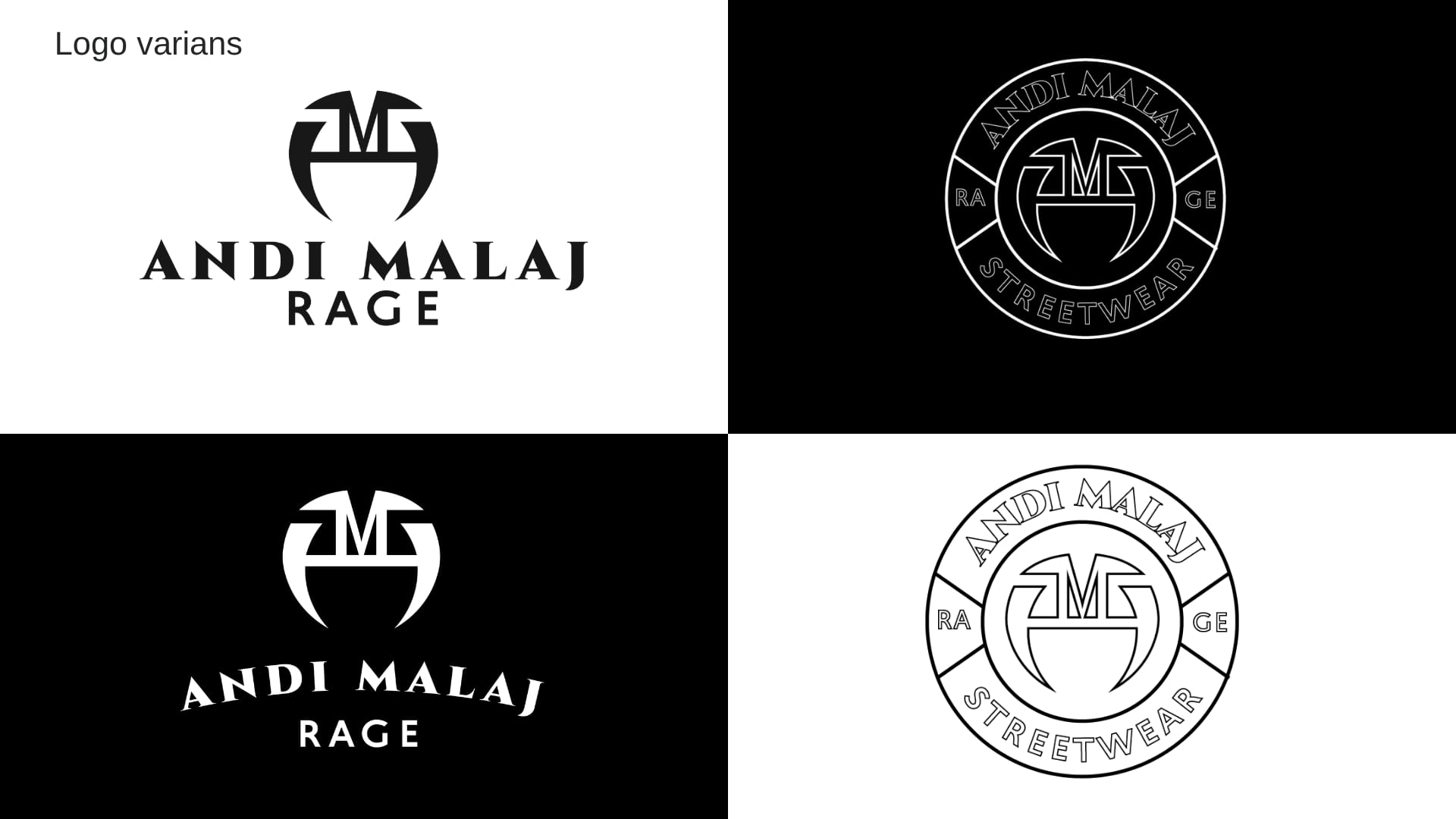 Four logo variants of Andi Malaj Rage, including a circular streetwear badge