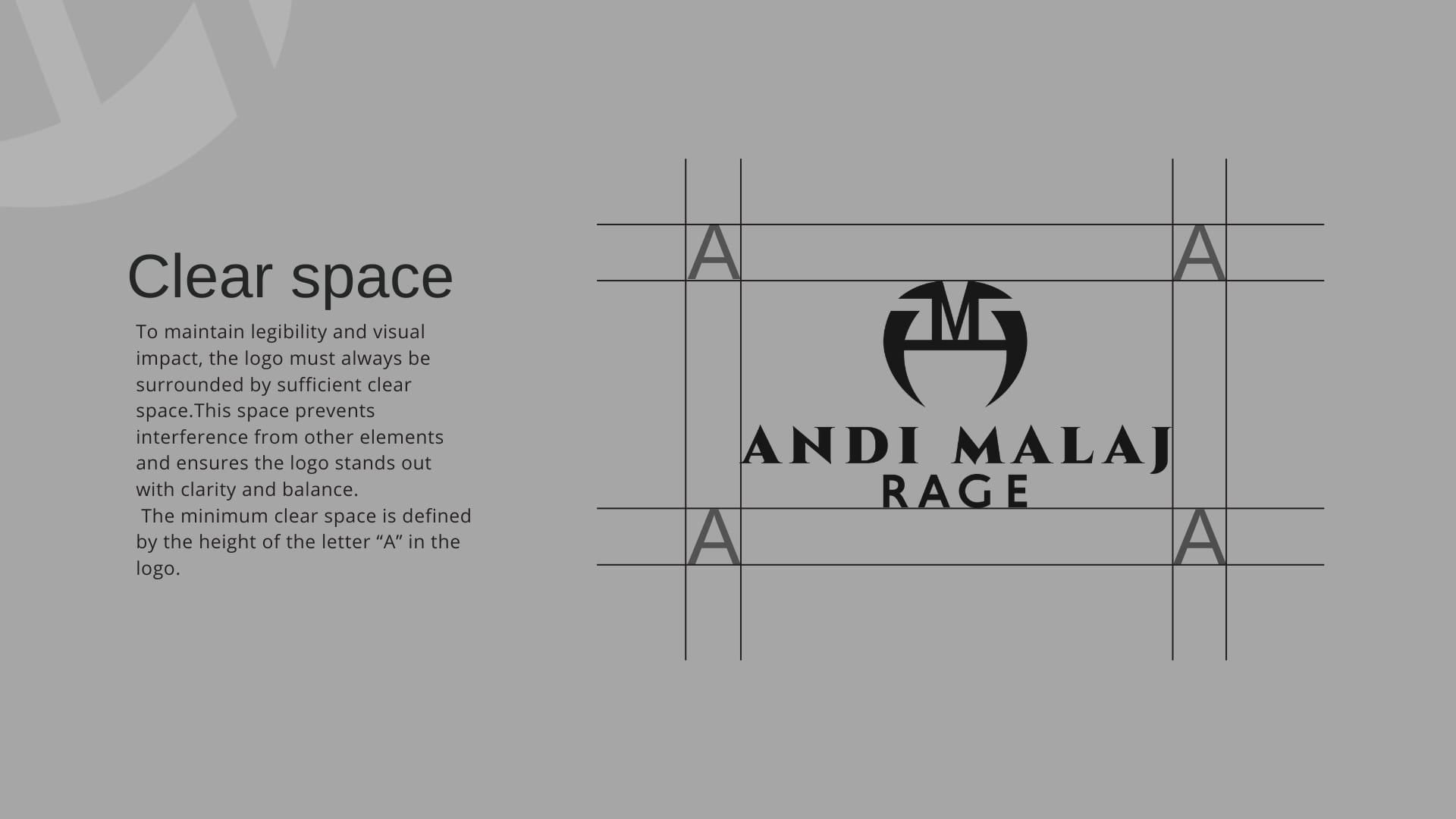 Clear space diagram around the Andi Malaj Rage logo, measured by the letter A