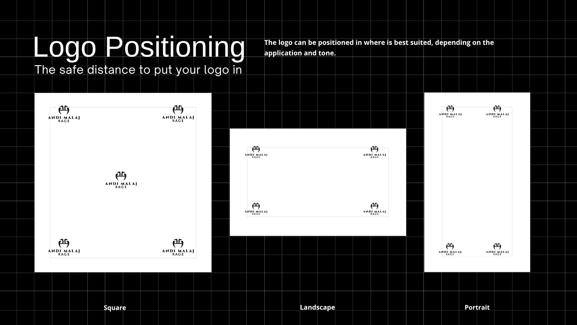 Logo positioning guides for square, landscape, and portrait formats