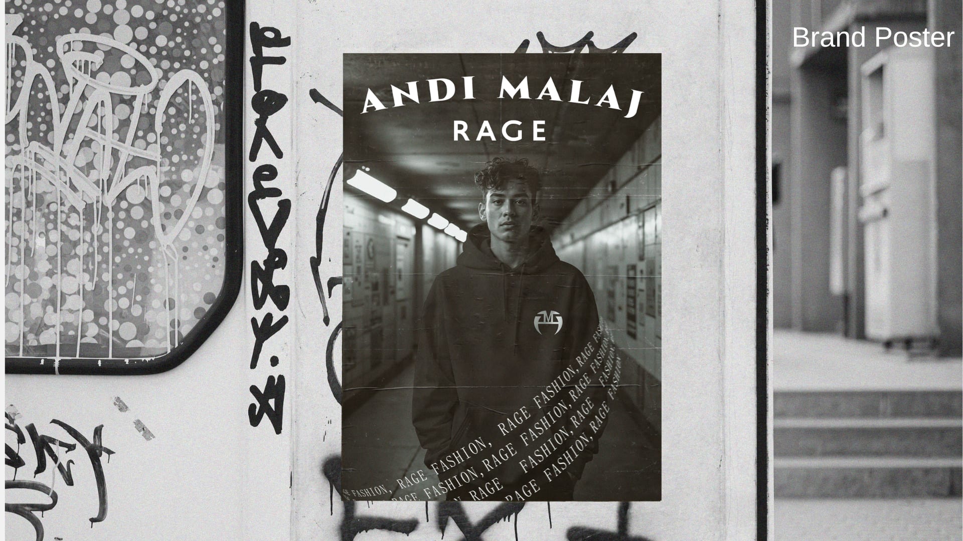 Andi Malaj Rage poster pasted on a graffiti-covered wall