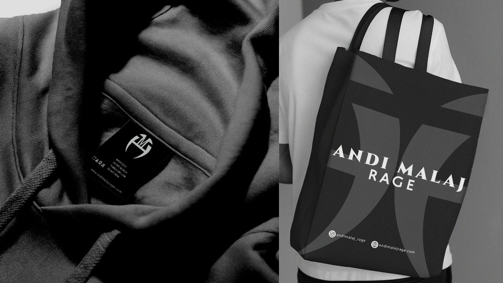 Neck label inside a hoodie and a tote bag for Andi Malaj Rage