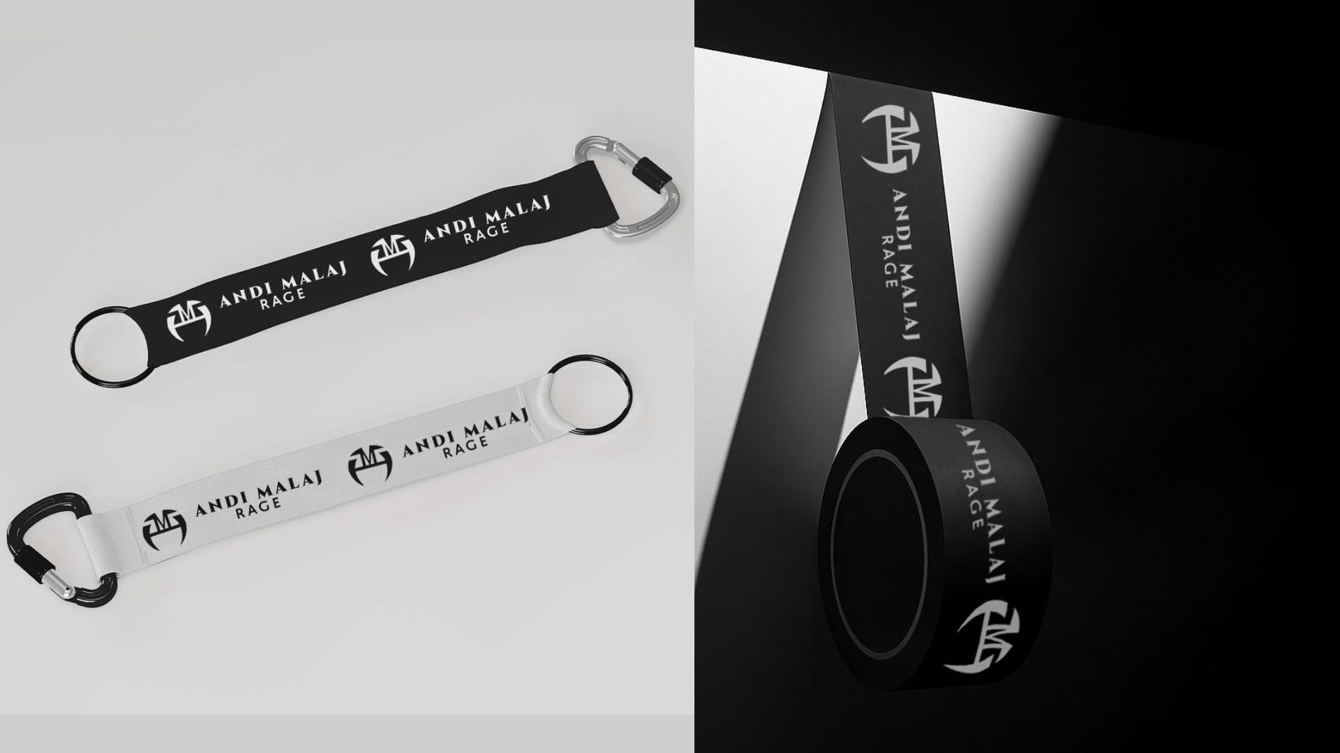 Branded key straps and a roll of tape for Andi Malaj Rage