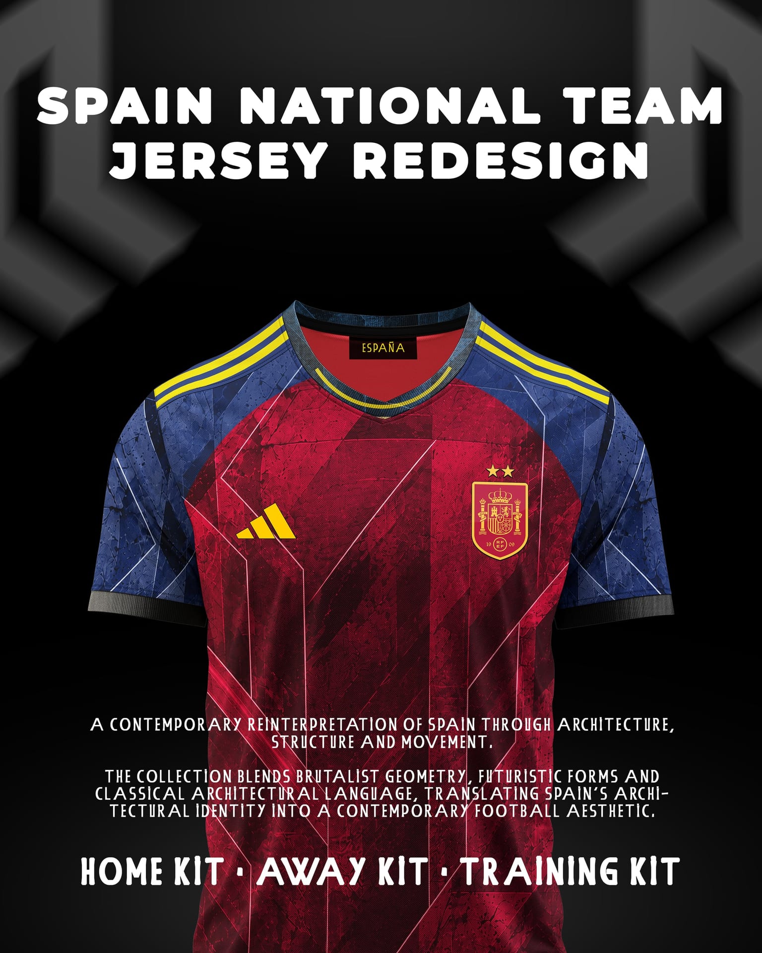 Spain home jersey redesign with a red and blue architectural pattern