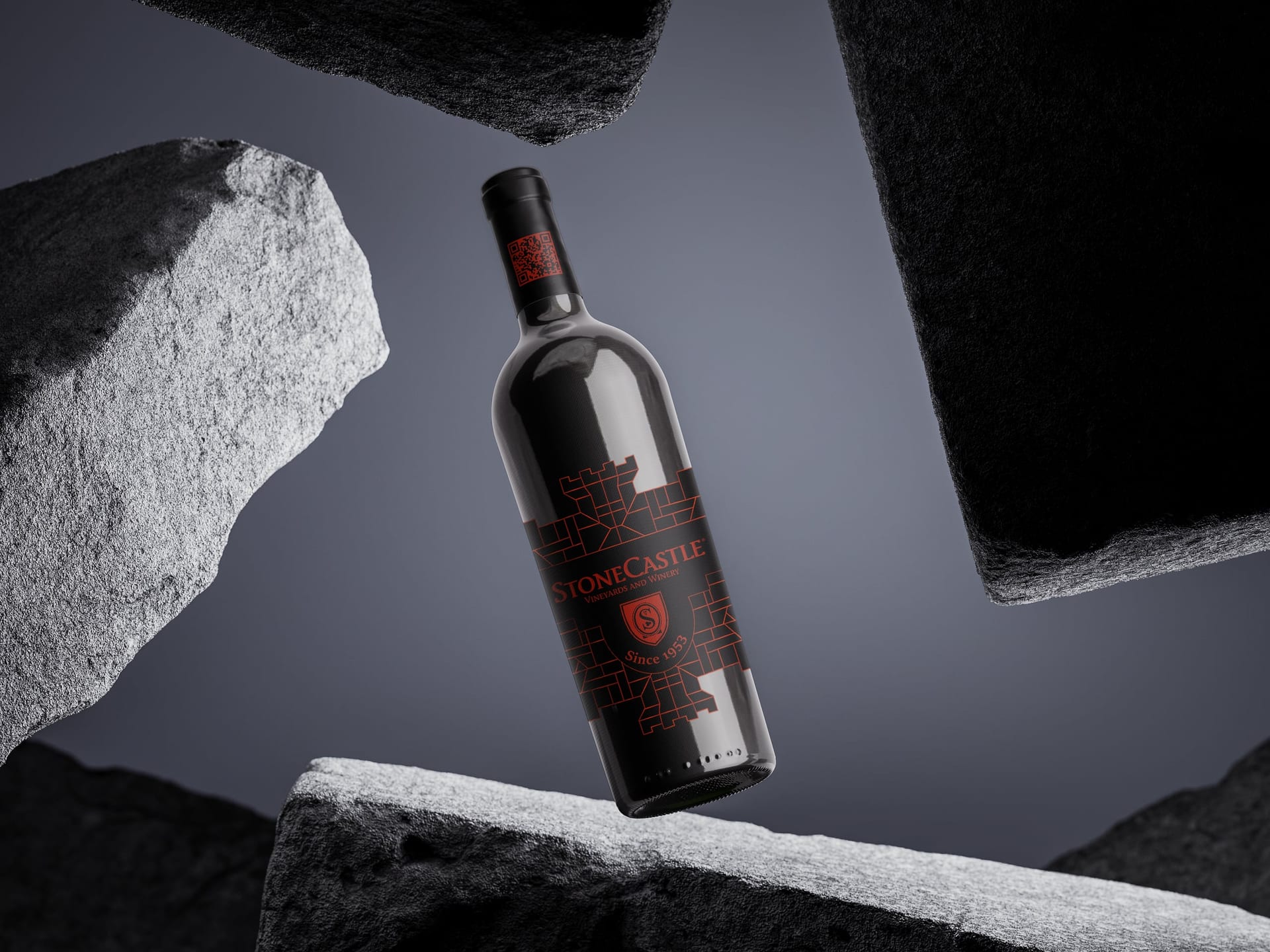StoneCastle bottle floating among broken stones